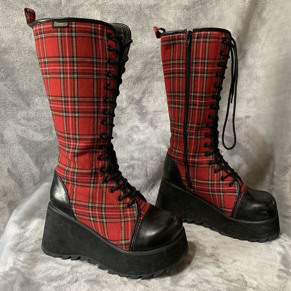 Demonia Women's 3.5" Platform Boots Size 7 Scene 100 Red Tartan Plaid 15” Tall - Picture 3 of 16